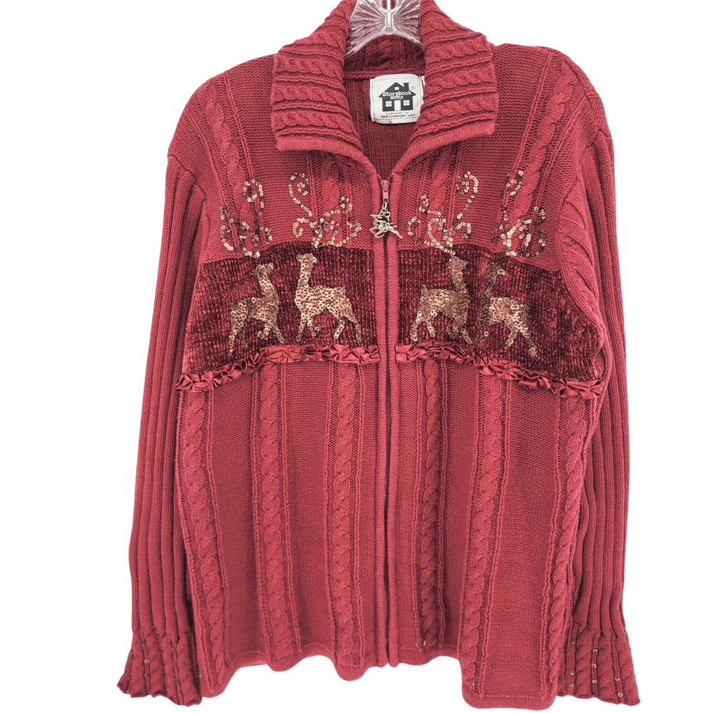 Vintage Burgundy Reindeer Sequin Zip Up Cardigan Sweater Cable Knit Women 1X